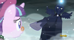 Size: 2521x1377 | Tagged: safe, screencap, character:princess luna, character:snowfall frost, character:starlight glimmer, species:pony, species:unicorn, episode:a hearth's warming tail, g4, my little pony: friendship is magic, cloak, clothing, discovery family logo, duo, female, frown, glare, glowing horn, hoof shoes, light spell, magic, mare, pince-nez, pointing, snow, snowfall, spirit, spirit of hearth's warming yet to come, spread wings, wings, worm's eye view