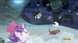 Size: 2497x1377 | Tagged: safe, screencap, character:princess luna, character:snowfall frost, character:starlight glimmer, species:pony, species:unicorn, episode:a hearth's warming tail, g4, my little pony: friendship is magic, clothing, discovery family logo, hat, looming, pince-nez, spirit, spirit of hearth's warming yet to come, top hat