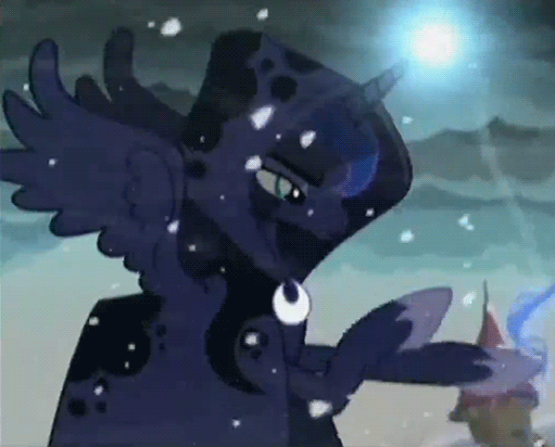 Size: 511x412 | Tagged: safe, screencap, character:princess luna, species:pony, episode:a hearth's warming tail, g4, my little pony: friendship is magic, animated, blizzard, female, glowing horn, hoof shoes, hoofy-kicks, light spell, magic, mare, open mouth, snow, snowfall, solo, spirit of hearth's warming yet to come, spread wings, wings
