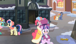Size: 837x490 | Tagged: safe, screencap, character:bon bon, character:lyra heartstrings, character:pinkie pie, character:snowfall frost, character:starlight glimmer, character:sweetie drops, episode:a hearth's warming tail, g4, my little pony: friendship is magic, bow bonnet, discovery family logo, spirit of hearth's warming presents