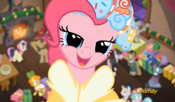 Size: 837x490 | Tagged: safe, screencap, character:baroque cloak, character:bon bon, character:carrot top, character:golden harvest, character:lyra heartstrings, character:pinkie pie, character:sweetie drops, episode:a hearth's warming tail, g4, my little pony: friendship is magic, discovery family logo, faec, lidded eyes, spirit of hearth's warming presents