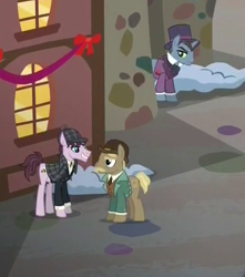 Size: 466x526 | Tagged: safe, screencap, species:earth pony, species:pony, species:unicorn, episode:a hearth's warming tail, g4, my little pony: friendship is magic, clothing, cropped, deerstalker, facial hair, hat, james moriarty, john watson, male, moustache, ponified, sherlock, sherlock holmes, stallion, suit, top hat, trio