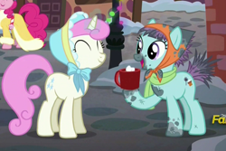 Size: 1114x742 | Tagged: safe, screencap, character:pinkie pie, character:twinkleshine, episode:a hearth's warming tail, g4, my little pony: friendship is magic, chimney sweep, chocolate, coffee mug, food, hot chocolate, sooty sweeps, spirit of hearth's warming presents