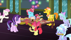 Size: 1920x1080 | Tagged: safe, screencap, character:apple bloom, character:carrot cake, character:cloudchaser, character:cup cake, character:flitter, character:starlight glimmer, episode:a hearth's warming tail, g4, my little pony: friendship is magic, cake, cookie, cupcake, cutie mark, discovery family logo, food, pie, the cmc's cutie marks