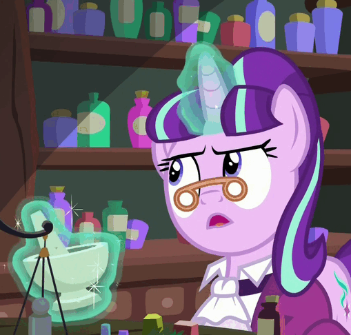 Size: 509x486 | Tagged: safe, screencap, character:snowfall frost, character:starlight glimmer, episode:a hearth's warming tail, g4, my little pony: friendship is magic, alchemist, alchemy, animated, loop, mortar and pestle