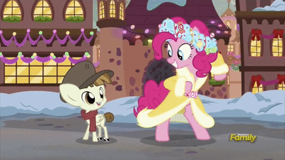 Size: 400x225 | Tagged: safe, screencap, character:featherweight, character:pinkie pie, episode:a hearth's warming tail, g4, my little pony: friendship is magic, a christmas carol, anchors aweigh, animated, christmas, cute, dancing, diapinkes, discovery family logo, featherbetes, heartwarming, holiday, spirit of hearth's warming presents, tap dancing, tiny tim, tom and jerry