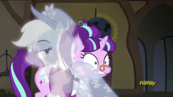 Size: 1280x720 | Tagged: safe, screencap, character:applejack, character:snowfall frost, character:starlight glimmer, episode:a hearth's warming tail, g4, my little pony: friendship is magic, discovery family logo, ghost, incorporeal, shocked, spirit of hearth's warming past