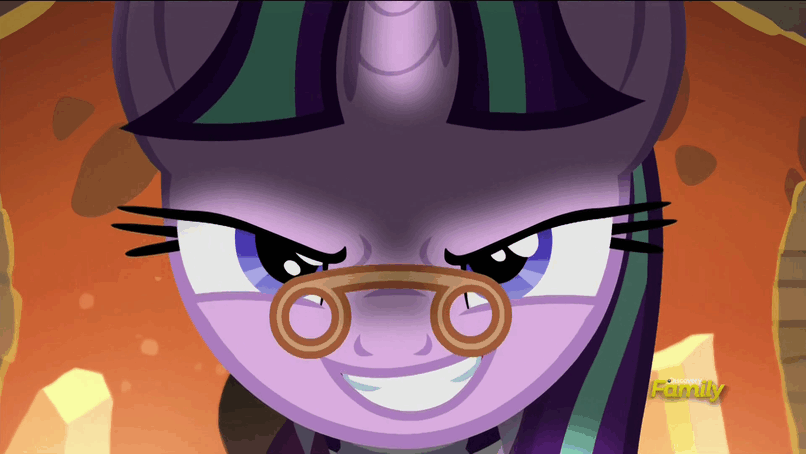 Size: 806x454 | Tagged: safe, screencap, character:snowfall frost, character:starlight glimmer, episode:a hearth's warming tail, g4, my little pony: friendship is magic, animated, discovery family logo, evil grin, laughing, loop