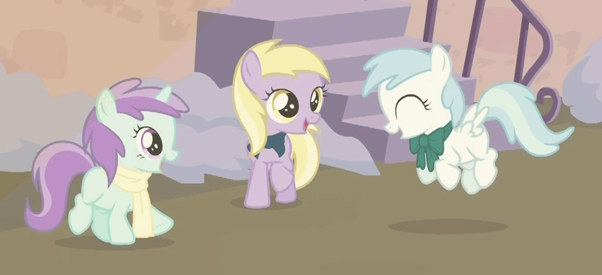 Size: 878x401 | Tagged: safe, screencap, character:cotton cloudy, character:dinky hooves, character:liza doolots, character:petunia, character:tootsie flute, episode:a hearth's warming tail, g4, my little pony: friendship is magic, animated, cottonbetes, cute, dinkabetes, loop, tootsie cute