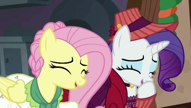 Size: 782x442 | Tagged: safe, screencap, character:fluttershy, character:rarity, episode:a hearth's warming tail, g4, my little pony: friendship is magic, animated, flutterholly, laughing, laughingmares.jpg, loop, merry