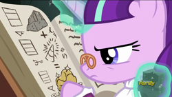 Size: 1920x1080 | Tagged: safe, screencap, character:snowfall frost, character:starlight glimmer, species:pony, species:unicorn, episode:a hearth's warming tail, g4, my little pony: friendship is magic, alchemy, book, discovery family logo, female, glasses, gold, lead, magic, magic aura, mare, pince-nez, rock, spellbook, telekinesis, transmutation