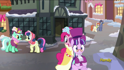 Size: 1920x1080 | Tagged: safe, screencap, character:bon bon, character:lyra heartstrings, character:pinkie pie, character:snowfall frost, character:starlight glimmer, character:sweetie drops, species:earth pony, species:pegasus, species:pony, species:unicorn, episode:a hearth's warming tail, g4, my little pony: friendship is magic, background pony, bow bonnet, discovery family logo, female, male, mare, spirit of hearth's warming presents, stallion, unnamed pony