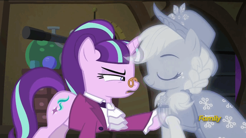 Size: 858x482 | Tagged: safe, screencap, character:applejack, character:snowfall frost, character:starlight glimmer, episode:a hearth's warming tail, g4, my little pony: friendship is magic, animated, discovery family logo, ghost, incorporeal, spirit, spirit of hearth's warming past
