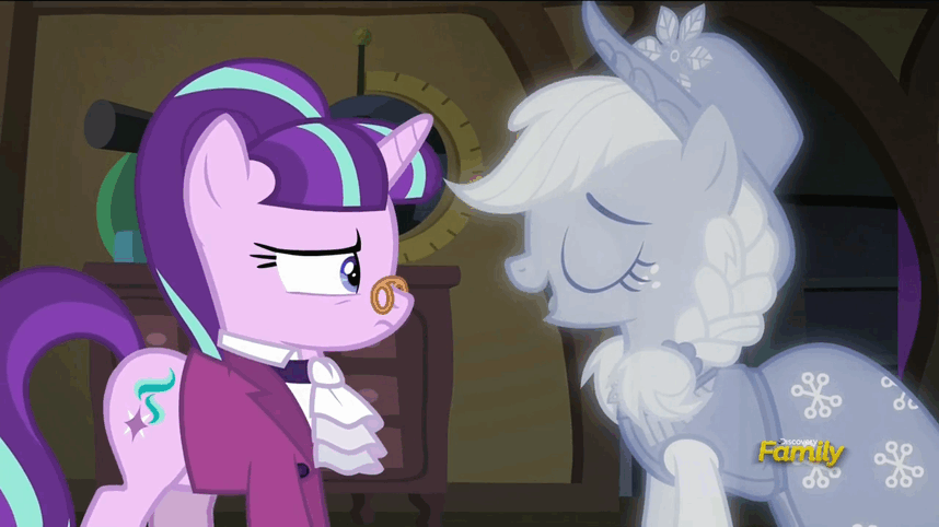 Size: 858x482 | Tagged: safe, screencap, character:applejack, character:snowfall frost, character:starlight glimmer, episode:a hearth's warming tail, g4, my little pony: friendship is magic, animated, cold, discovery family logo, ghostly chill, incorporeal, shivering, spirit of hearth's warming past, starlight shiverer