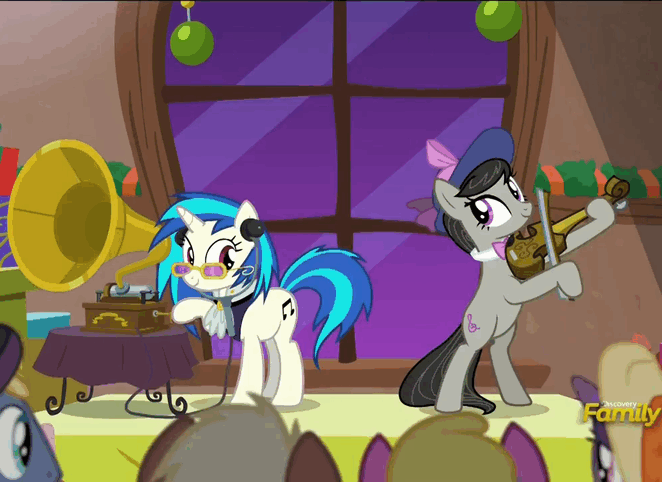 Size: 662x482 | Tagged: safe, screencap, character:dj pon-3, character:octavia melody, character:pinkie pie, character:vinyl scratch, episode:a hearth's warming tail, g4, my little pony: friendship is magic, animated, cute, dancing, diapinkes, discovery family logo, phonograph, spirit of hearth's warming presents, victrola scratch, violin, wax cylinder