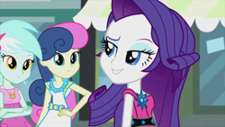 Size: 1280x720 | Tagged: safe, screencap, character:bon bon, character:lyra heartstrings, character:rarity, character:sweetie drops, episode:life is a runway, g4, my little pony:equestria girls