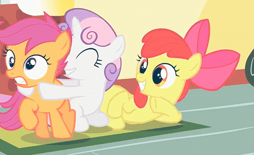 Size: 500x305 | Tagged: safe, screencap, character:apple bloom, character:scootaloo, character:sweetie belle, species:earth pony, species:pegasus, species:pony, episode:the cutie mark chronicles, g4, my little pony: friendship is magic, animated, cropped, cutie mark crusaders, hape, hug, hug sandwich, scootaloo is not amused