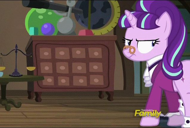 Size: 638x432 | Tagged: safe, screencap, character:snowfall frost, character:starlight glimmer, species:pony, episode:a hearth's warming tail, g4, my little pony: friendship is magic, animated, cabinet, cravat, discovery family logo, eyes closed, female, glare, glimmer glutes, globe, hoof boots, looking back, loop, mare, pince-nez, plot, rug, scale, solo, spats, table, talking, walking, wooden floor