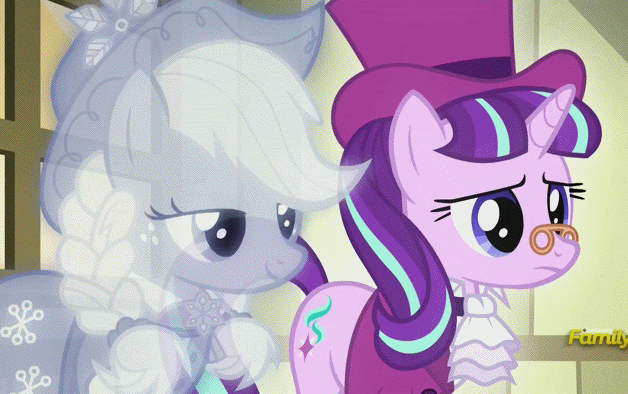 Size: 628x394 | Tagged: source needed, useless source url, safe, screencap, character:applejack, character:snowfall frost, character:starlight glimmer, episode:a hearth's warming tail, g4, my little pony: friendship is magic, animated, clothing, cravat, discovery family logo, embarrassed, floppy ears, grin, hat, lidded eyes, loop, pince-nez, smiling, smirk, spirit of hearth's warming past, squee, top hat