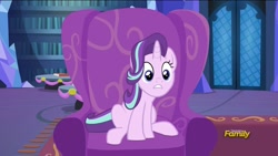 Size: 1008x567 | Tagged: safe, screencap, character:starlight glimmer, episode:a hearth's warming tail, g4, my little pony: friendship is magic, discovery family logo, hypocrisy, sitting, solo