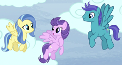 Size: 1160x624 | Tagged: safe, screencap, character:clear skies, character:open skies, character:sunshower, species:pegasus, species:pony, episode:tanks for the memories, g4, my little pony: friendship is magic, background pony, cloud, cropped, female, flying, hoof on chest, male, mare, stallion, trio, who's on first?