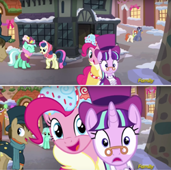 Size: 2560x2540 | Tagged: safe, screencap, character:bon bon, character:doctor whooves, character:lyra heartstrings, character:pinkie pie, character:snowfall frost, character:starlight glimmer, character:sweetie drops, character:time turner, species:pony, episode:a hearth's warming tail, g4, my little pony: friendship is magic, animation error, bow bonnet, discovery family logo, male, spirit of hearth's warming presents, stallion