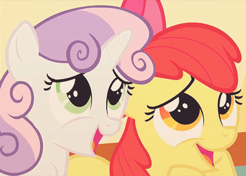 Size: 500x358 | Tagged: safe, screencap, character:apple bloom, character:sweetie belle, episode:the cutie mark chronicles, g4, my little pony: friendship is magic, animated, close-up, cropped, cute, dawwww, duo, open mouth, smiling