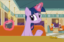 Size: 2125x1385 | Tagged: safe, screencap, character:beaude mane, character:joan pommelway, character:twilight sparkle, character:twilight sparkle (alicorn), species:alicorn, species:earth pony, species:pony, episode:the saddle row review, g4, my little pony: friendship is magic, background pony, cafe, discovery family logo, female, glowing horn, joan holloway, levitation, magic, magic aura, male, mare, stallion, teacup, telekinesis