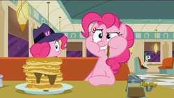 Size: 1920x1080 | Tagged: safe, screencap, character:pinkie pie, episode:the saddle row review, episode:too many pinkie pies, g4, my little pony: friendship is magic, /co/nrad, blink and you'll miss it, callback, clone, clothing, discovery family logo, eating, faec, fedora, food, frown, grin, hat, implied mirror pool, looking at you, looking back, lucky breaks, messy eating, mirror pool, pancakes, pinkie clone, puffy cheeks, raised eyebrow, restaurant, revelation, self ponidox, smirk, syrup, the clone that got away, who knows, wide eyes