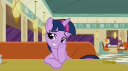 Size: 2048x1140 | Tagged: safe, screencap, character:beaude mane, character:joan pommelway, character:twilight sparkle, character:twilight sparkle (alicorn), species:alicorn, species:earth pony, species:pony, episode:the saddle row review, g4, my little pony: friendship is magic, background pony, cafe, discovery family logo, female, joan holloway, lidded eyes, male, mare, stallion