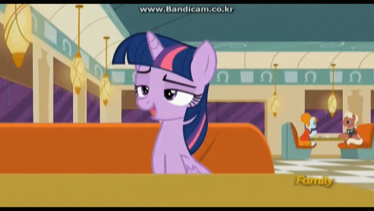 Size: 728x410 | Tagged: safe, screencap, character:beaude mane, character:joan pommelway, character:twilight sparkle, character:twilight sparkle (alicorn), species:alicorn, species:earth pony, species:pony, episode:the saddle row review, g4, my little pony: friendship is magic, animated, background pony, cute, discovery family logo, female, joan holloway, male, mare, stallion, twiabetes