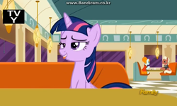 Size: 728x436 | Tagged: safe, screencap, character:beaude mane, character:joan pommelway, character:twilight sparkle, character:twilight sparkle (alicorn), species:alicorn, species:earth pony, species:pony, episode:the saddle row review, g4, my little pony: friendship is magic, background pony, bandicam, blep, cafe, cute, discovery family logo, female, lidded eyes, male, mare, smiling, solo focus, stallion, tongue out, twiabetes