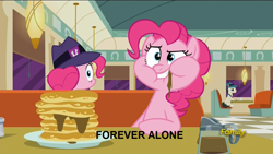 Size: 1280x720 | Tagged: safe, screencap, character:pinkie pie, episode:the saddle row review, g4, my little pony: friendship is magic, clone, diane, discovery family logo, forever alone, it's happened and now we can't stop it, lucky breaks, meme, pinkie clone, sad, the clone that got away