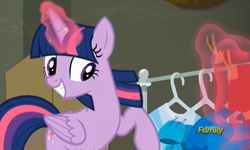 Size: 728x437 | Tagged: safe, screencap, character:twilight sparkle, character:twilight sparkle (alicorn), species:alicorn, species:pony, episode:the saddle row review, g4, my little pony: friendship is magic, discovery family logo, female, magic, mare, solo, telekinesis
