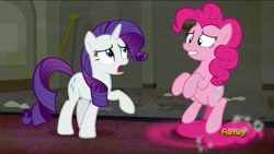 Size: 1920x1080 | Tagged: safe, screencap, character:pinkie pie, character:rarity, episode:the saddle row review, g4, my little pony: friendship is magic, discovery family logo, pinkie being pinkie, pinkie physics, pinkiecopter, tailcopter