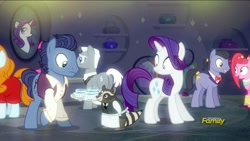Size: 1920x1080 | Tagged: safe, screencap, character:diamond cutter, character:joan pommelway, character:pacific glow, character:rarity, character:roger silvermane, character:waxton, species:earth pony, species:pony, species:unicorn, episode:the saddle row review, g4, my little pony: friendship is magic, apron, blue corn reduction with shallot confit, clothing, discovery family logo, female, joan holloway, male, mare, not pinkie pie, raccoon, roger sterling, smoky, stallion, waiter
