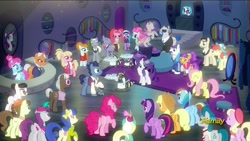 Size: 1920x1080 | Tagged: safe, screencap, character:applejack, character:azure velour, character:bleeding heart, character:blue bobbin, character:colton john, character:diamond cutter, character:dj pon-3, character:fluttershy, character:joan pommelway, character:levon song, character:luckette, character:mr. stripes, character:pacific glow, character:pinkie pie, character:pinot noir, character:plaid stripes, character:rainbow dash, character:rarity, character:roger silvermane, character:starke kragen, character:twilight sparkle, character:twilight sparkle (alicorn), character:upper east side, character:vinyl scratch, character:waxton, species:alicorn, species:pony, episode:the saddle row review, g4, my little pony: friendship is magic, blueberry curls, bouncer, bubblegum blossom, business savvy, crimson cream, crowd, discovery family logo, fashion statement, female, flashdancer, honey curls, lockdown, mane six, mare, mare e. belle, mare e. lynn, not pinkie pie, pegasus olsen, peggy holstein, raccoon, smoky, smoky jr., softpad