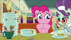 Size: 1920x1080 | Tagged: safe, screencap, character:pinkie pie, character:sweet service, episode:the saddle row review, g4, my little pony: friendship is magic, bill, check, discovery family logo, lucky breaks, plate, restaurant, waitress