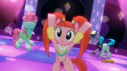 Size: 1274x715 | Tagged: safe, screencap, character:azure velour, character:pacific glow, species:pony, episode:the saddle row review, g4, my little pony: friendship is magic, bipedal, cap, clothing, club pony party palace, dancing, discovery family logo, flashdancer, hairband, hat, necklace, not pinkie pie, pacifier, pants, pigtails, rave, shirt, sweatband, tank top