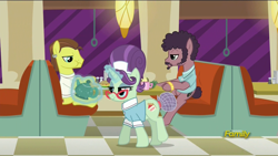 Size: 1920x1080 | Tagged: safe, screencap, character:sweet service, species:earth pony, species:pony, species:unicorn, episode:the saddle row review, g4, my little pony: friendship is magic, afro, aweeg*, background pony, beard, booth, bracelet, burger, carrot, clothing, coffee mug, cup, diner, discovery family logo, ear piercing, earring, eating, facial hair, female, food, glasses, goatee, hairnet, jewelry, jules winnfield, levitation, lidded eyes, magic, male, mare, moustache, mug, necklace, pepper shaker, piercing, pulp fiction, salt shaker, shirt, sitting, smiling, stallion, teapot, telekinesis, vincent vega