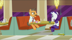 Size: 1920x1080 | Tagged: safe, screencap, character:rarity, episode:the saddle row review, g4, my little pony: friendship is magic, buried lede, clothing, coffee mug, diner, discovery family logo, necktie, notepad, shirt, teacup