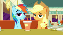 Size: 1279x717 | Tagged: safe, screencap, character:applejack, character:rainbow dash, episode:the saddle row review, g4, my little pony: friendship is magic, discovery family logo, faec, honey curls, lidded eyes, looking at you, mare e. lynn, smug, smugdash, smugjack
