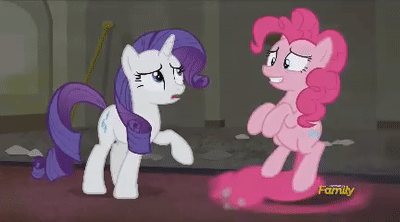 Size: 400x222 | Tagged: dead source, safe, screencap, character:pinkie pie, character:rarity, episode:the saddle row review, g4, my little pony: friendship is magic, animated, discovery family logo, pinkie being pinkie, pinkie physics, pinkiecopter, tailcopter