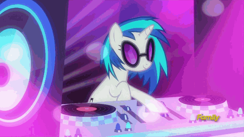 Size: 500x281 | Tagged: safe, screencap, character:azure velour, character:dj pon-3, character:pacific glow, character:vinyl scratch, species:earth pony, species:pony, species:unicorn, episode:the saddle row review, g4, my little pony: friendship is magic, :o, animated, backbend, bipedal, butt shake, club pony party palace, dance floor, dancing, discovery family logo, female, flank spin, flashdancer, hooves up, mare, not pinkie pie, pacifier, party, plot, smiling, speaker, tail twirl, turntable