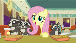 Size: 1920x1080 | Tagged: safe, screencap, character:fluttershy, character:mr. waddle, episode:the saddle row review, g4, my little pony: friendship is magic, diner, discovery family logo, food, french fries, hay fries, raccoon, smoky, smoky jr., soda, softpad