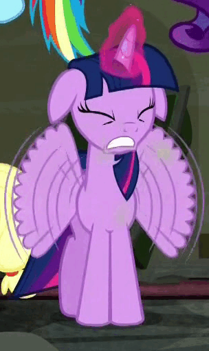 Size: 304x509 | Tagged: safe, screencap, character:applejack, character:rainbow dash, character:rarity, character:twilight sparkle, character:twilight sparkle (alicorn), species:alicorn, species:pony, episode:the saddle row review, g4, my little pony: friendship is magic, animated, buzzing wings, eyes closed, female, flapping, floppy ears, glowing horn, gritted teeth, loop, mare, solo focus
