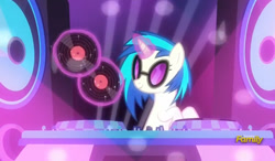 Size: 803x469 | Tagged: safe, screencap, character:dj pon-3, character:vinyl scratch, species:pony, species:unicorn, episode:the saddle row review, g4, my little pony: friendship is magic, discovery family logo, female, glowing horn, levitation, magic, mare, record, solo, sunglasses, telekinesis