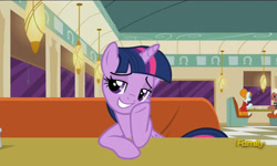 Size: 795x477 | Tagged: safe, screencap, character:beaude mane, character:joan pommelway, character:twilight sparkle, character:twilight sparkle (alicorn), species:alicorn, species:earth pony, species:pony, episode:the saddle row review, g4, my little pony: friendship is magic, background pony, cafe, discovery family logo, female, joan holloway, lidded eyes, male, mare, smuglight sparkle, stallion