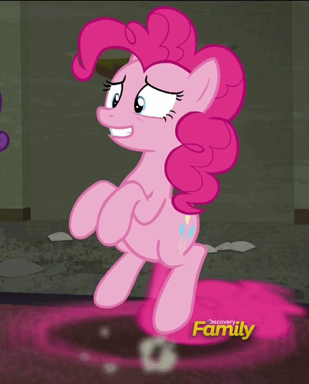 Size: 443x551 | Tagged: safe, screencap, character:pinkie pie, episode:the saddle row review, g4, my little pony: friendship is magic, animated, discovery family logo, grin, loop, nervous, nervous grin, pinkie being pinkie, pinkie physics, pinkiecopter, smiling, tailcopter