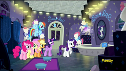 Size: 1920x1080 | Tagged: safe, screencap, character:applejack, character:fluttershy, character:pinkie pie, character:rainbow dash, character:rarity, character:twilight sparkle, character:twilight sparkle (alicorn), species:alicorn, species:pony, episode:the saddle row review, g4, my little pony: friendship is magic, discovery family logo, female, interior, mane six, mare, rarity for you